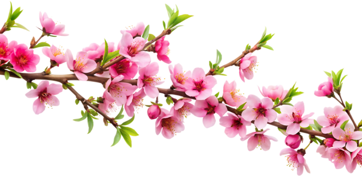 Peach tree branch adorned with pink flowers along the corner border, set on white background