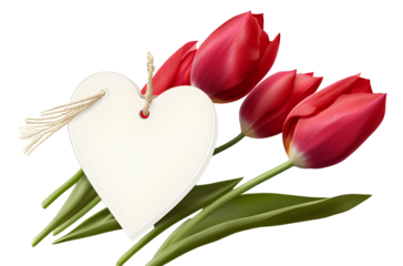 A realistic photo of a red tulips bouquet with a white heart-shaped gift tag, on a transparent background png
