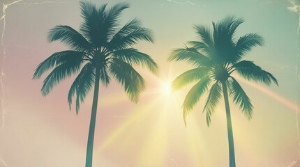 Sun-Kissed Twin Palms: A Vintage-Toned Tropical Scene with Lush Fronds Against a Soft Sky