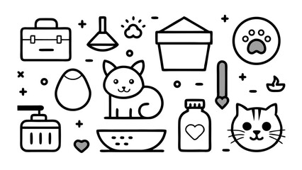 Editable icons set in line style for cat care including pet accessories health tools grooming items suitable for animal clinic apps veterinary websites and pet blogs