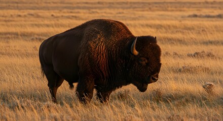 American Bison Grazing in Golden Prairie at Sunset Wildlife Scene