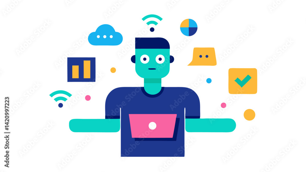 Poster a digital character is interacting with artificial intelligence tools to automate design tasks and o