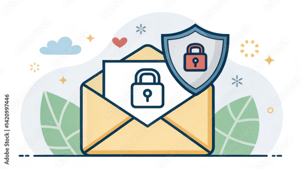 Poster secure email communication is represented by envelope with lock and shield overlay, symbolizing priv