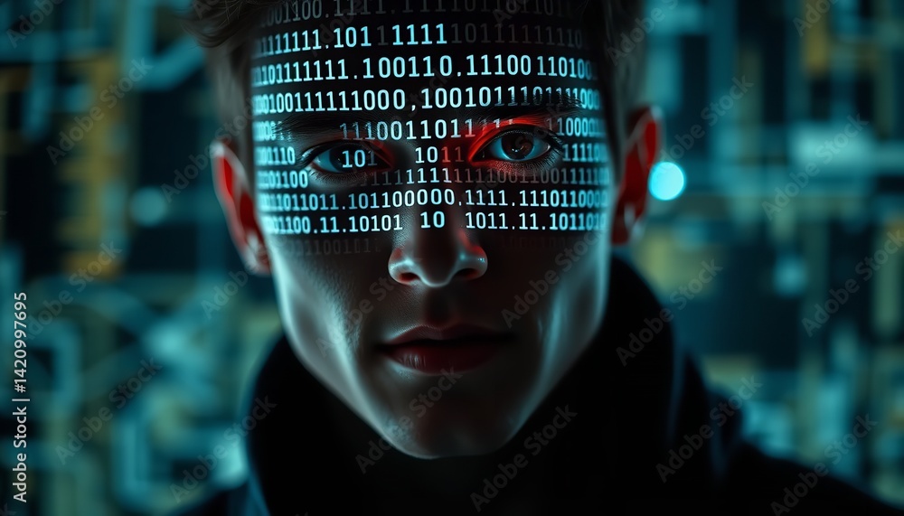Poster cybersecurity teenager digital binary code face portrait art red data neon blue dark style image
