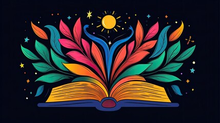 Open book with vibrant leaves, sun, and stars