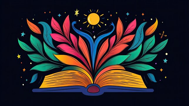 Open book with vibrant leaves, sun, and stars
