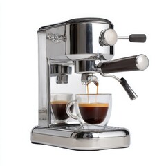 Espresso machine pouring coffee on white background