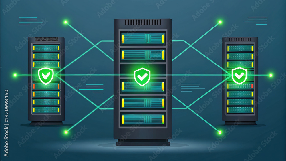 Poster network of interconnected servers with glowing green indicators symbolizes data security and connect