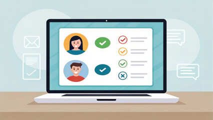 open laptop displaying onboarding video call with two characters, one female and one male, showcasing checkmarks and messages. This conveys sense of communication and collaboration digital