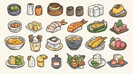Illustration presents a variety of Japanese cuisine dishes and condiments