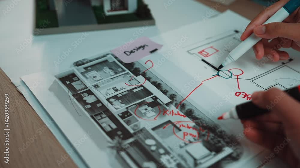 Poster a dynamic scene showcasing hands engaged in a collaborative architectural design process, with floor