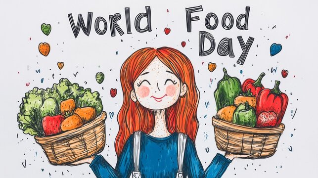 A girl celebrates world food day with baskets of vegetables
