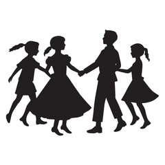 Happy little children boys and girls holding hands and dancing Silhouettes White Background.