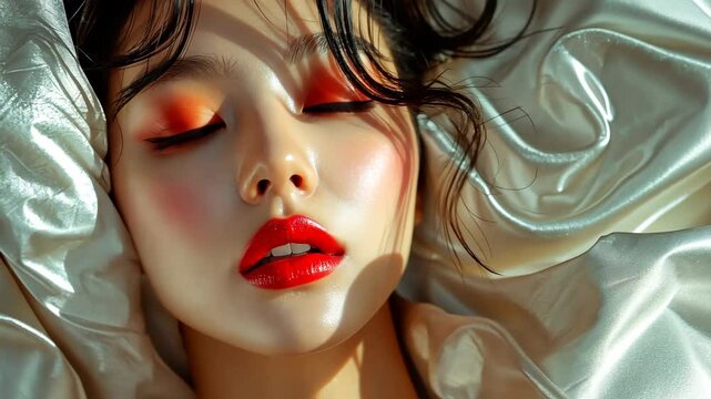 Beautiful Asian woman with red lips and glamorous makeup lying on white silk fabric