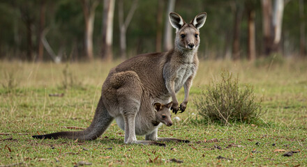Fototapeta premium Kangaroo Standing with Joey in Pouch on Grassy Field