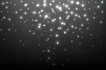 Silver glitter background. Rain from white sparkling stardust and particles on black backdrop. Festive holiday shiny luxury poster, banner, backdrop. Abstract vector illustration.