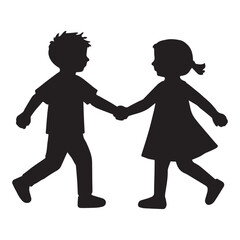 Happy little children boys and girls holding hands and dancing Silhouettes White Background.