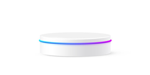 White round podium with glow neon line. Product display stand isolated on white background. Cosmetic showcase pedestal, platform, stage for product presentation. Realistic vector illustration.