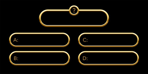Quiz template. Trivia game layout. Question and answer golden frames isolated on black for TV show or social media. Multiple choice test. Vector illustration.