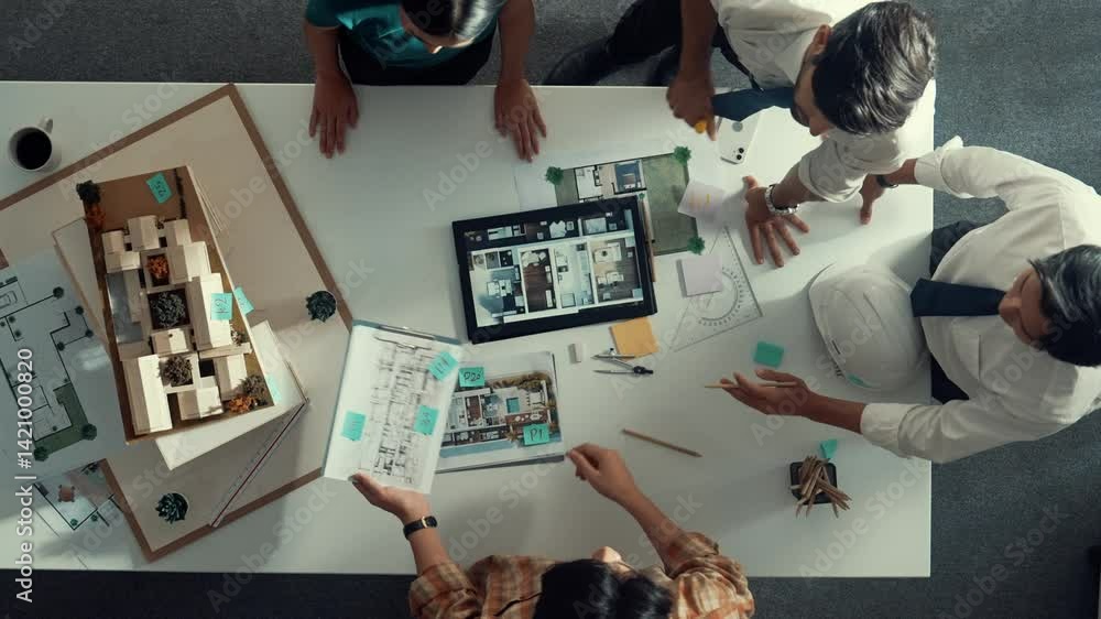 Poster top down view of architect engineer team discussing and point at tablet display construction at tabl