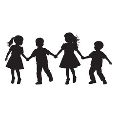 Happy little children boys and girls holding hands and dancing Silhouettes White Background.