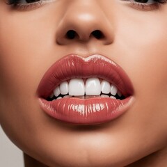 Fototapeta premium Close-up of perfect lips with glossy lipstick and bright white teeth 