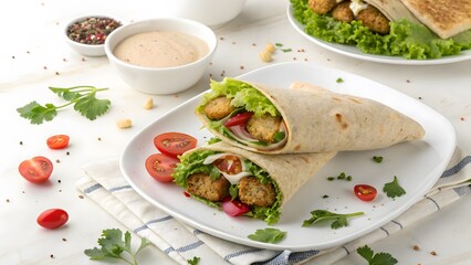 Chicken Wrap with Salad: A delicious chicken wrap filled with fresh lettuce, juicy tomatoes, and creamy sauce, served on a white plate with a side of fresh herbs.