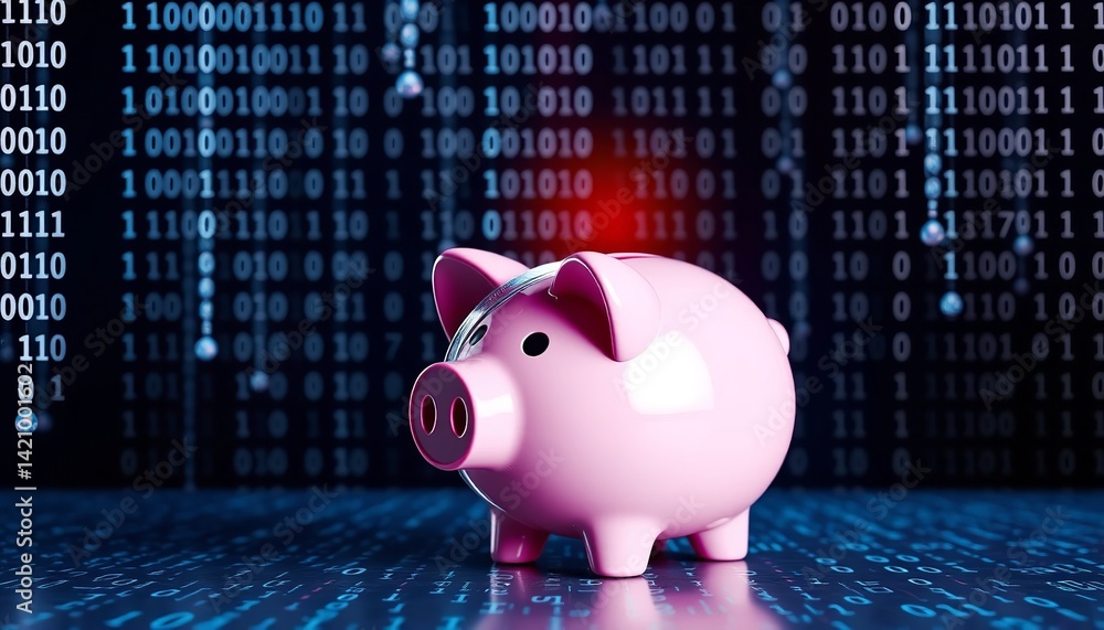 Poster digital piggy bank finance security savings money data 3d code safe risk binary wealth online secure