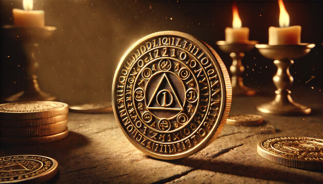 Ancient cryptic gold coin glowing under torchlight with mysterious symbols