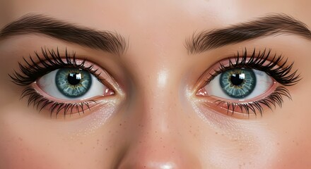 Obraz premium Close-up of Beautiful Green Eyes with Long Lashes and Defined Eyebrows