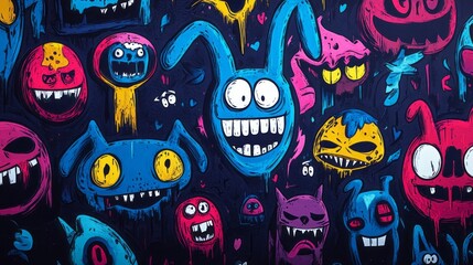Obraz premium Colorful cartoon monsters with exaggerated features fill a dark background