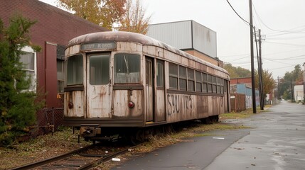 Obraz premium Rusty streetcar sits in urban decay, autumn