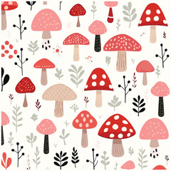 Adorable Cartoon Mushroom Pattern with Colorful Fungi on Light Background