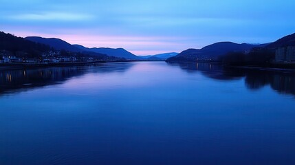 Fototapeta premium Serene River Dusk, Mountain Reflections, Travel Poster