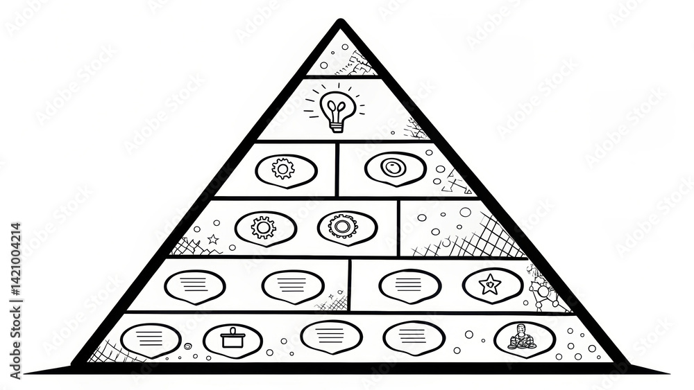 Poster sketch of layered pyramid mind map, featuring various icons and symbols representing ideas, concepts