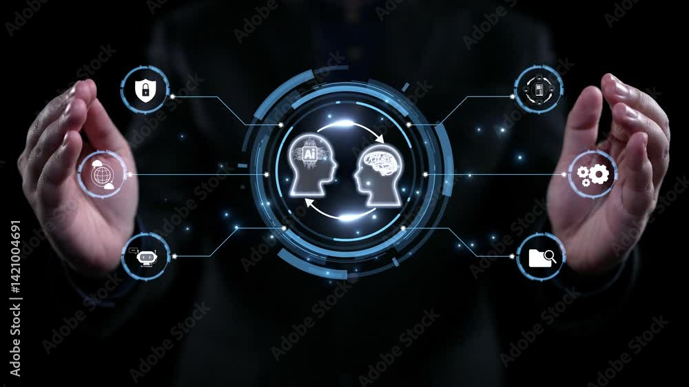 Poster human interact with ai artificial intelligence brain processor in concept of ai artificial intellige
