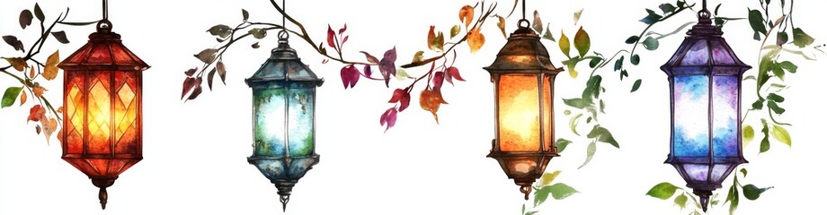 Four Watercolor Lanterns Hanging from Branches