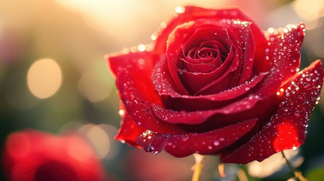 Dew-Kissed Red Rose in Golden Hour