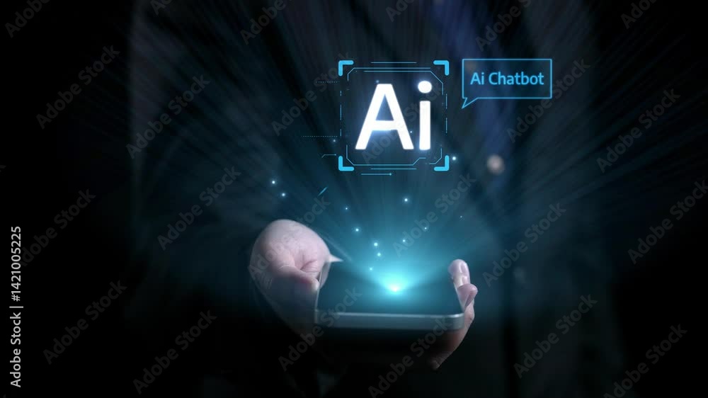 Poster human interact with ai artificial intelligence virtual assistant chatbot in concept of ai artificial