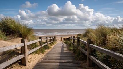 Coastal boardwalk path to ocean