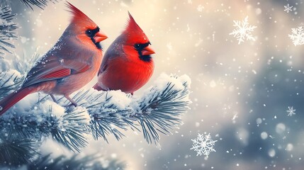 A pair of cardinals perched on a frosty pine branch, their red feathers vibrant against the white snow, with soft snowflakes drifting gently around them.