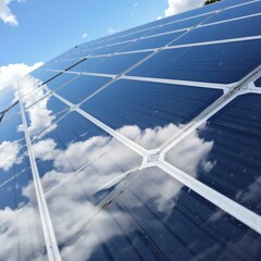 Solar panels reflecting clouds under a clear blue sky  