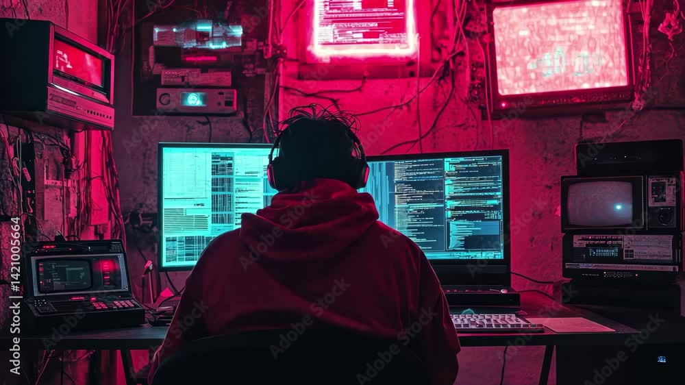Poster data system hacker working in a dimly lit room filled with old monitors and neon lights, data system