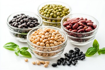 Four types of beans in glass bowls, featuring black, green, red, and yellow beans. Fresh, nutritious, and ready to cook