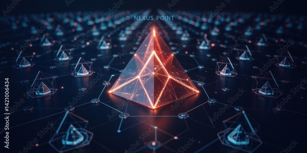 Aufkleber illuminated pyramid structure amidst a network of small geometric shapes.