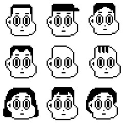 set of people's faces in pixel art. black and white colors