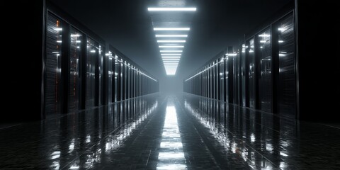 Obraz premium Exploring a Dark Server Room: Servers Illuminate a Reflective Floor with Neon Lights, Futuristic Data Center Design