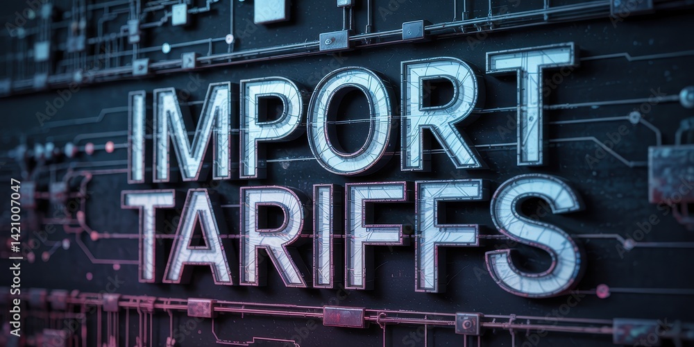 Poster import tariffs displayed on a circuit board.