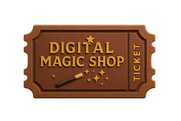 A vintage ticket for a digital magic shop, featuring stylish text and decorative elements, perfect for fantasy and entertainment themes.