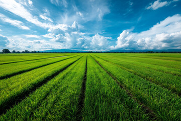 A lush rice paddy field with neat, under a bright, sunset sky, green rows stretching